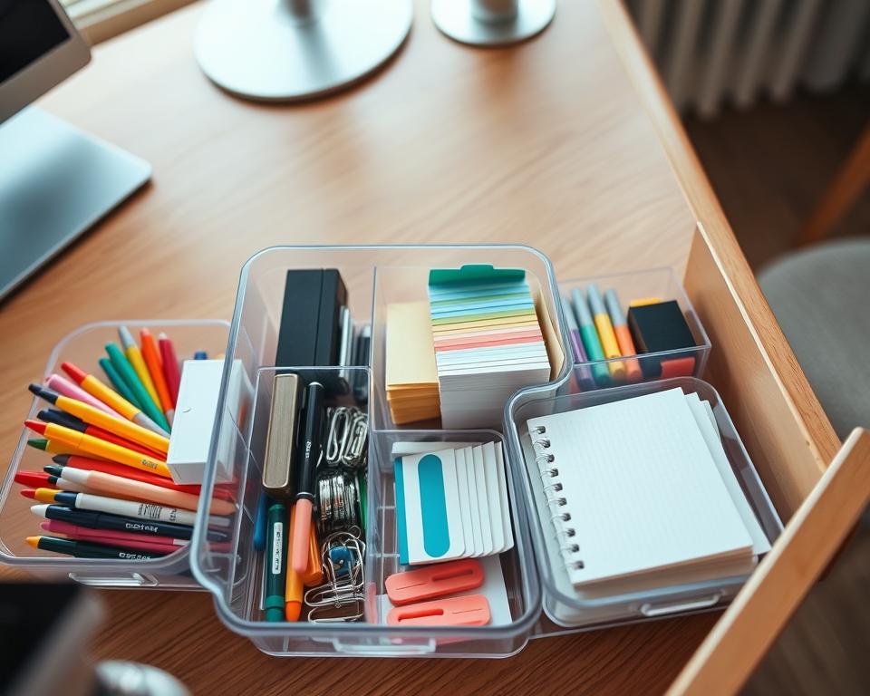 An organized top-down view of an office drawer filled with various plastic drawer organizers. In the foreground, focus on a clear plastic organizer divided into sections, displaying neatly arranged office supplies like colorful pens, sticky notes, a small stapler, and paper clips. The middle section features an adjustable divider, holding a collection of business cards and notepads, while a smaller organizer tucked into a corner showcases a practical note-taking pad and a set of highlighters. In the background, a softly blurred wooden desk setting with ambient natural light filtering through a nearby window creates a warm, inviting atmosphere. Capture the scene in a wide-angle format to emphasize organization and tidiness, evoking a feeling of calm and efficiency in the workspace.