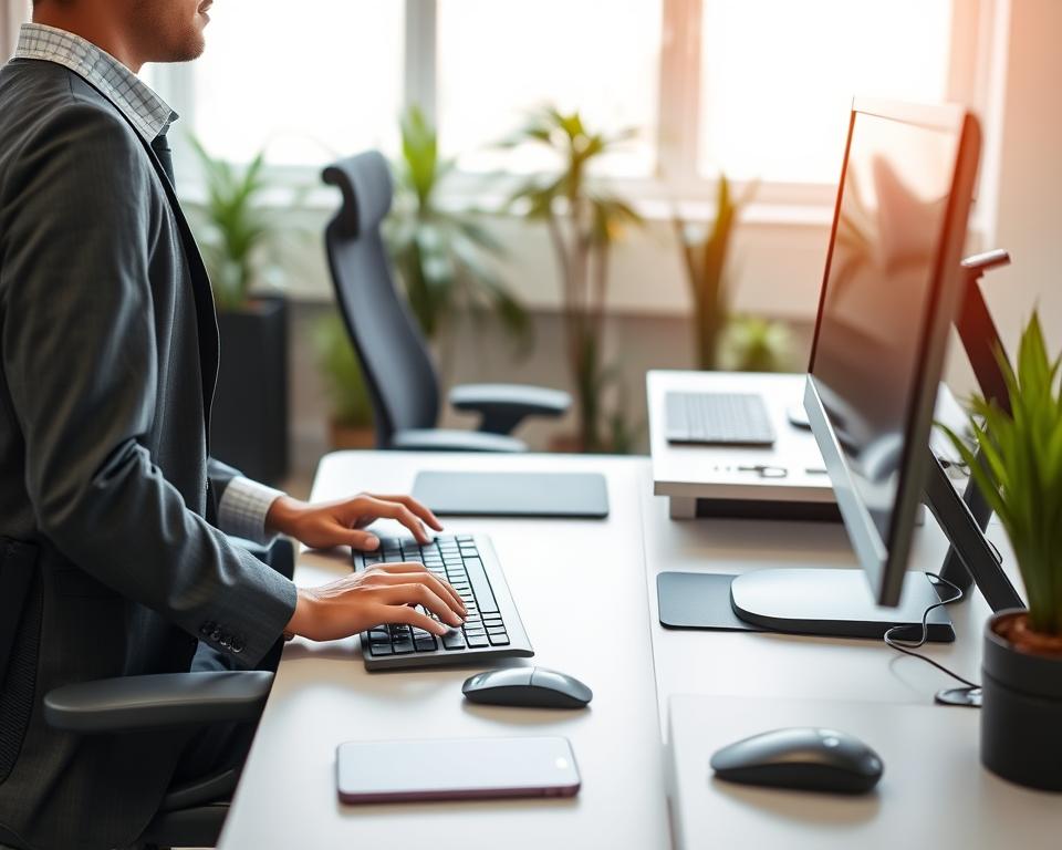 a professional office environment with a focus on optimal typing posture; foreground features a diverse individual in business casual attire, sitting at a modern desk with an ergonomic chair, hands positioned comfortably on a well-placed keyboard; middle layer showcases the desk height adjusted to align with the individual's elbows and wrists, monitor positioned at eye level, and a mouse placed within easy reach; background includes soft, natural lighting filtering through a window, plants for a calming atmosphere, and a neatly organized workspace; the overall mood is one of productivity and well-being, emphasizing health-conscious ergonomics in a contemporary setting, captured from a slightly elevated angle to highlight posture and keyboard positioning