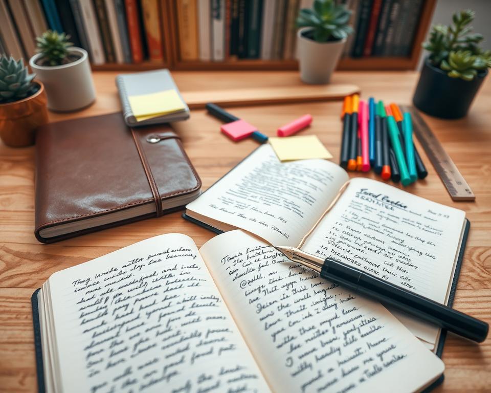 A beautifully arranged flat lay of analog note-taking tools, featuring a leather-bound notebook, elegant fountain pen, and assorted gel pens in vibrant colors. The foreground showcases textured pages filled with handwritten notes and doodles, exuding creativity. In the middle, a wooden desk with natural grain creates a warm ambiance. Some sticky notes and a classic ruler are subtly placed, adding to the scene. The background features softly blurred elements like a cozy bookshelf filled with notebooks and decorative plants, enhancing the home office vibe. The image is illuminated by soft, natural light, imparting a calm and focused atmosphere. Capture this from a top-down angle to emphasize organization and inspire productivity.
