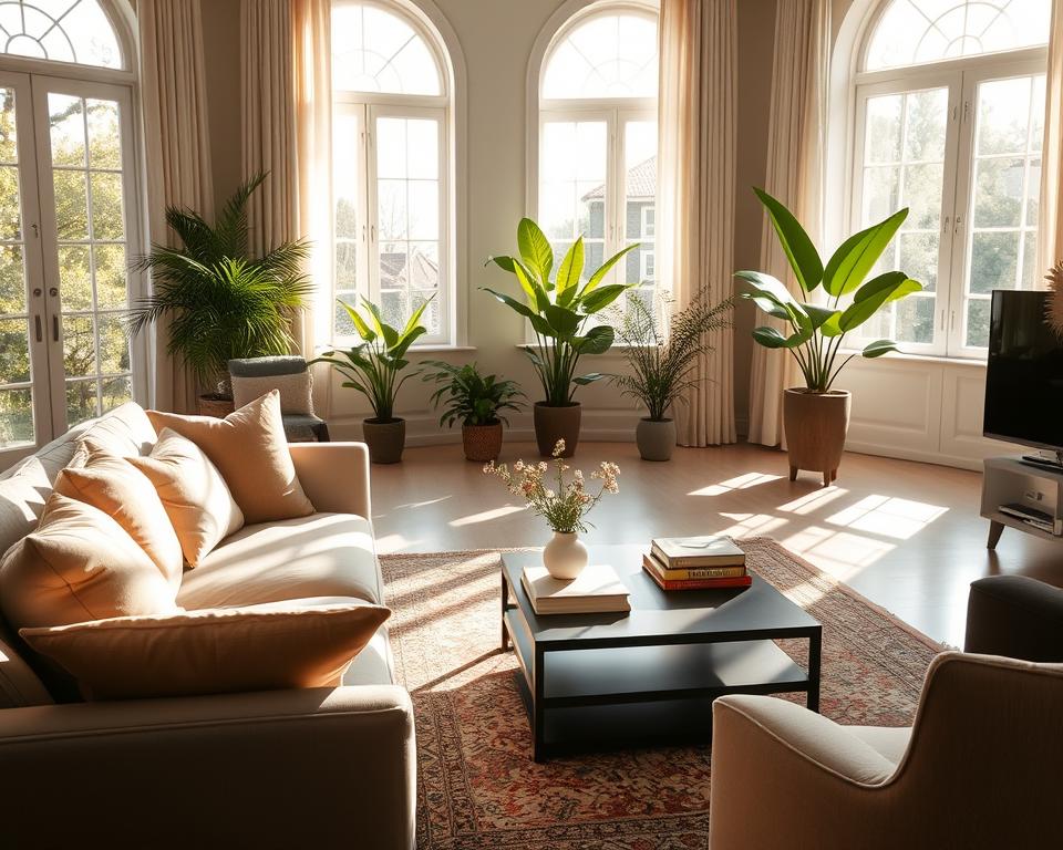 A beautifully arranged living room filled with soft, natural light streaming through large, elegant windows, casting gentle shadows across the space. In the foreground, a cozy sofa in muted tones, adorned with plush cushions, invites relaxation. A stylish coffee table features neatly arranged books and a small vase of fresh flowers. The middle ground displays a tasteful rug, defining the seating area and adding warmth. In the background, bright green plants and light-colored curtains frame the windows, enhancing the airy atmosphere. The image captures a serene and inviting mood, emphasizing open space and harmony with nature, viewed from a slightly elevated angle to showcase the room’s flow and the way light interacts with decor elements.