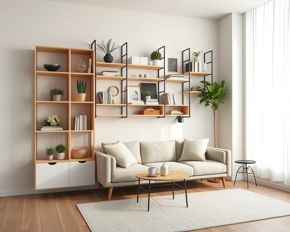 A beautifully designed space-saving wall storage unit that seamlessly combines style and functionality. In the foreground, showcase a sleek, modern shelving system made from light wood and white finishes, displaying a mix of decorative plants, books, and stylish storage boxes. The middle ground features a cozy seating area with a soft, neutral-colored sofa paired with a small, round coffee table, enhancing the overall design. In the background, soft, natural light filters through large windows, casting gentle shadows and creating a warm, inviting atmosphere. The scene is framed at eye level to emphasize the compact yet stylish organization of the space. Aim for a harmonious blend of minimalism and aesthetics, evoking a sense of serenity and practicality. A beautifully designed space-saving wall storage unit that seamlessly combines style and functionality. In the foreground, showcase a sleek, modern shelving system made from light wood and white finishes, displaying a mix of decorative plants, books, and stylish storage boxes. The middle ground features a cozy seating area with a soft, neutral-colored sofa paired with a small, round coffee table, enhancing the overall design. In the background, soft, natural light filters through large windows, casting gentle shadows and creating a warm, inviting atmosphere. The scene is framed at eye level to emphasize the compact yet stylish organization of the space. Aim for a harmonious blend of minimalism and aesthetics, evoking a sense of serenity and practicality.