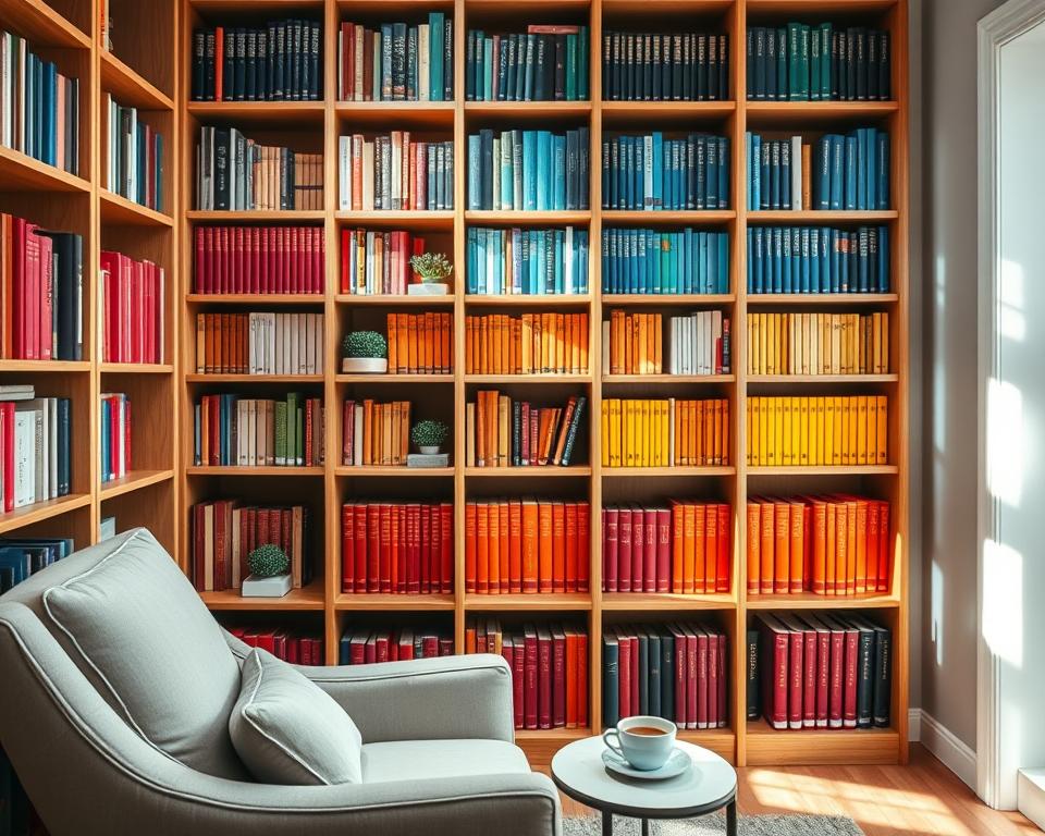 A beautifully organized bookshelf filled with color-coded books, creating a visually striking gradient from deep reds and oranges at the bottom to cool blues and greens at the top. The shelves are well-spaced, featuring decorative bookends and small plants nestled between sections. In the foreground, a softly lit reading nook with a plush chair and a small side table holds a steaming cup of coffee, inviting a cozy atmosphere. The natural light streams in from a nearby window, casting gentle shadows and highlighting the textures of the wooden shelves. In the background, a stylishly designed room with neutral tones enhances the focus on the colorful books, evoking a sense of tranquility and order. The overall mood is warm and inviting, perfect for inspiring organization in a home.