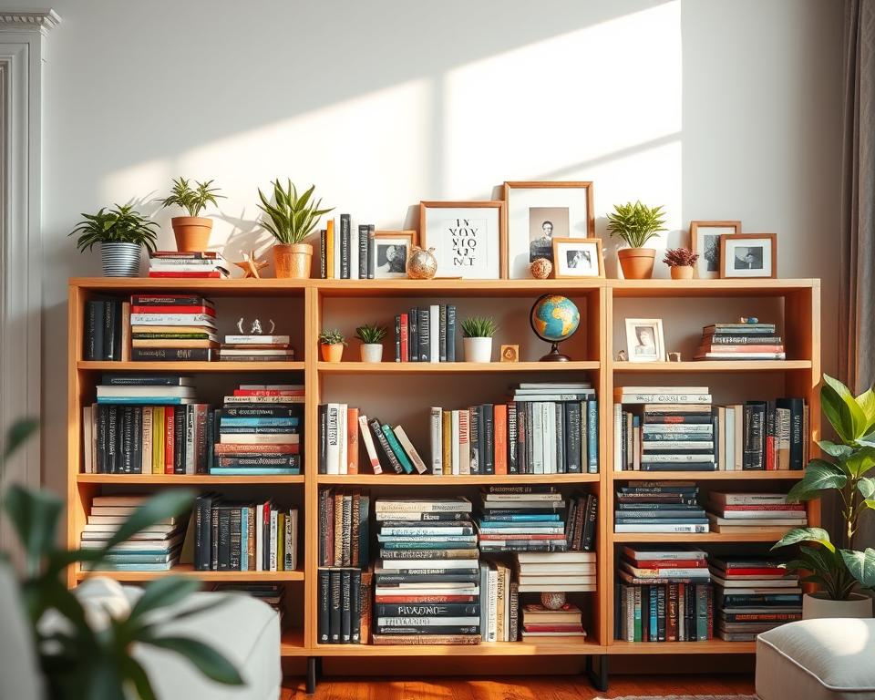 A beautifully styled bookshelf in a cozy, modern living room setting. The foreground showcases a variety of well-organized books, both stacked horizontally and vertically, intermixed with decorative items such as small potted plants, elegant globes, and framed photos. In the middle, a warm, inviting tone radiates from a soft wooden shelf, adorned with colorful book spines that create a harmonious blend. The background features a softly illuminated wall, enhancing the ambiance with subtle shadows. The image should have a natural light source coming from a nearby window, casting soft rays that create a serene atmosphere. The focus should be sharp on the bookshelf, with a slightly blurred background to create depth, evoking a stylish, tidy, and inviting vibe that inspires creativity and warmth.