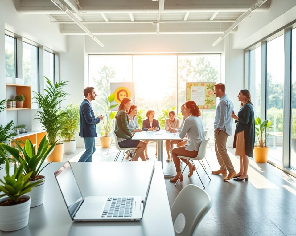 A bright, airy modern office space bathed in soft natural light streaming through large floor-to-ceiling windows. The foreground features a sleek, minimalist desk with a laptop and potted plants, showcasing a welcoming workspace. In the middle, a group of diverse professionals, dressed in smart business attire, are engaged in a lively discussion around a collaborative table, surrounded by innovative design elements like open shelving and vibrant artwork. The background reveals green indoor plants and a serene outdoor view, contributing to a fresh and inspiring atmosphere. The lighting is warm and inviting, enhancing the sense of engagement and collaboration in the space, captured with a wide-angle lens to emphasize openness and light. The overall mood is uplifting and motivating, ideal for fostering creativity and teamwork.