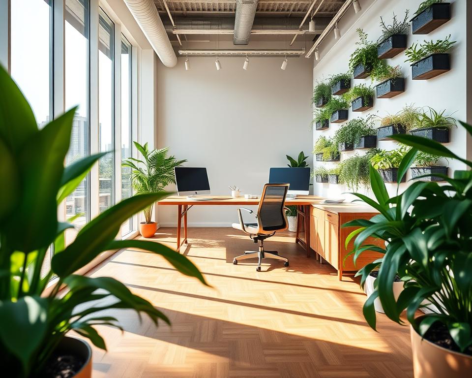 A bright, airy office space featuring prominent biophilic design elements. In the foreground, large potted plants with lush green leaves, integrating nature into the workspace. In the middle ground, a long wooden desk with a modern, ergonomic chair positioned close to expansive windows that allow abundant natural light to flood the room. The background showcases a wall adorned with vertical gardens and hanging planters, adding a vibrant touch. The sunlight creates soft shadows across the polished wooden floor, enhancing the serene and inviting atmosphere. Use a wide-angle lens to capture the spaciousness and warmth of the scene, emphasizing the harmonious blend of indoor and outdoor elements. The overall mood is calming and inspirational, ideal for promoting productivity and well-being in office design.
