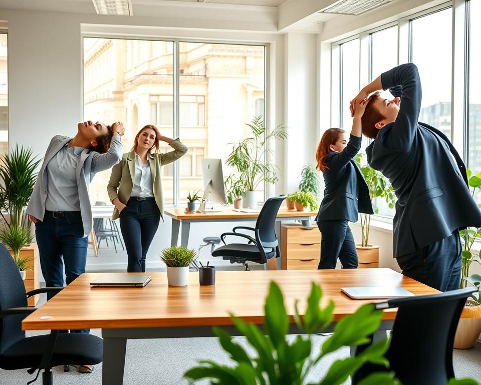 A bright, modern office environment focusing on desk ergonomics with a clean, organized workspace. In the foreground, a diverse group of four professionals demonstrating various desk stretches: one stretches their neck sideways, another performs a seated torso twist, and a third leans forward to stretch their back, all dressed in smart casual attire. In the middle, a well-designed wooden desk with ergonomic accessories such as a standing desk converter and a comfortable chair, surrounded by plants for a refreshing touch. In the background, large windows let in natural light, creating a warm and inviting atmosphere. The image captures a sense of movement and well-being, highlighting the importance of stretching and taking breaks to enhance workplace comfort and productivity.