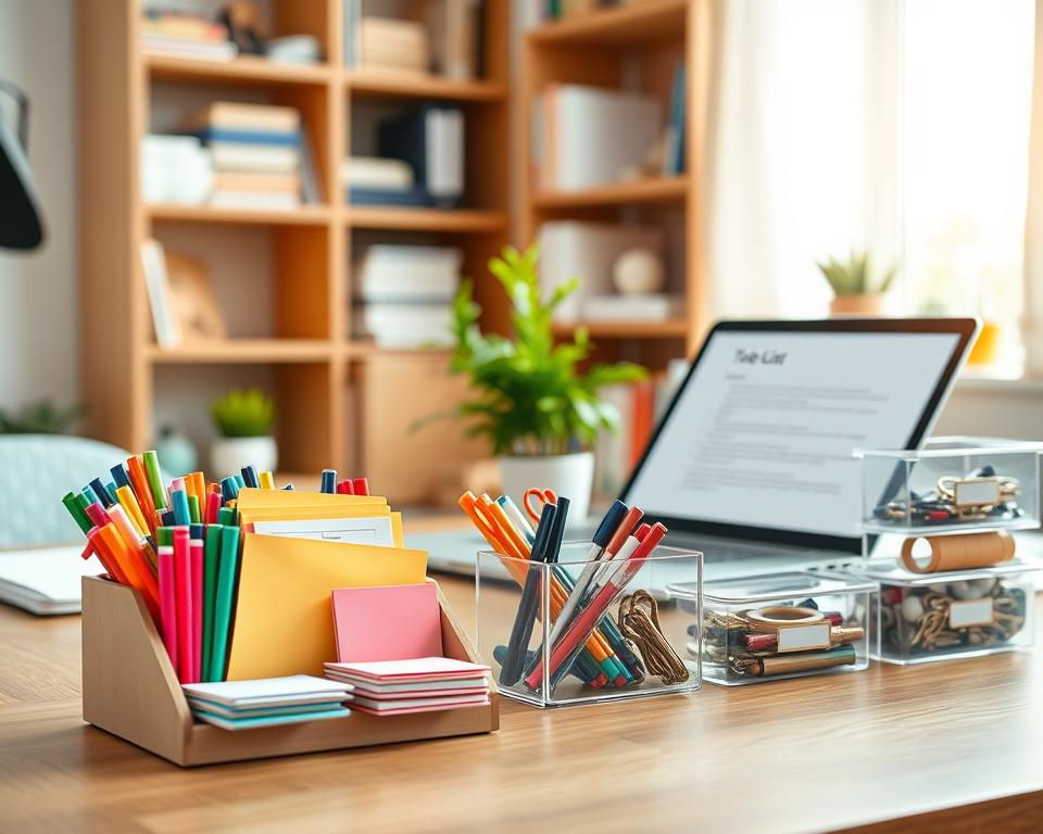 A bright, organized workspace featuring a sleek, wooden desk with neatly arranged stationery supplies. In the foreground, a stylish organizer holds an array of colorful pens, sticky notes, and notepads, each categorized by color. A laptop sits open, displaying a well-structured to-do list. In the middle ground, clear, labeled storage boxes contain additional supplies such as markers, tape, and paper clips, all in harmonious order. A potted plant adds a touch of green, creating a calming atmosphere. The background features a soft-focus bookshelf filled with books and decorative items, bathed in warm, natural light from a nearby window. Capture this scene from a slight angle to emphasize depth and organization, evoking a sense of productivity and tranquility.