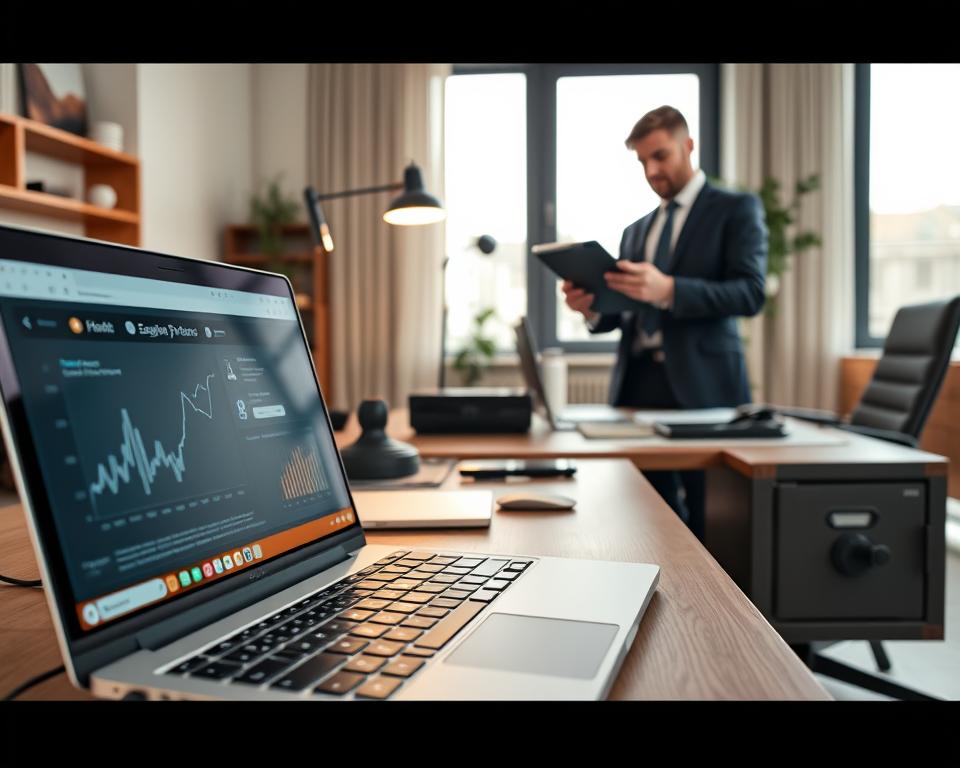 A close-up scene featuring a modern home office setup focused on remote work software security. In the foreground, a sleek laptop displays a user-friendly security dashboard with graphs and alerts, emphasizing digital protection. To the side, a professional person in business attire attentively reviews security protocols on a tablet, looking engaged and thoughtful. The middle layer showcases a stylish desk with ergonomic accessories, as well as security tools like a firewall router and a locked safe for sensitive documents. In the background, soft natural lighting filters through a window, enhancing the workspace's atmosphere of productivity and security. The overall mood is focused and professional, highlighting the importance of securing remote work environments.
