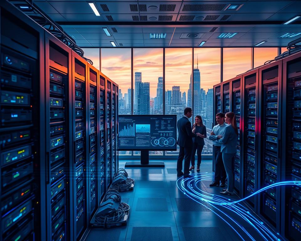 A futuristic cloud storage architecture set in a sleek, modern data center. In the foreground, detailed server racks with illuminated LED indicators and advanced cooling systems, surrounded by a network of glowing fiber optic cables that pulse with energy. The middle ground features large digital screens displaying real-time data analytics, while a diverse group of professionals in business attire collaborate, discussing findings. In the background, a panoramic window reveals a city skyline under a twilight sky, casting a warm, ambient light across the scene. The atmosphere is innovative and dynamic, symbolizing the evolution and efficiency of cloud storage management. The image should be captured with a wide-angle lens for depth, emphasizing the complexity and scale of cloud infrastructure.