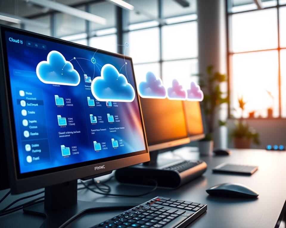 A futuristic office workspace highlighting cloud storage for folder management. In the foreground, a sleek, modern desktop computer displays a vibrant digital interface with organized cloud storage folders. The middle layer features floating, translucent cloud icons interconnected by digital lines, symbolizing data flow and accessibility. The background showcases a bright, airy office with large windows letting in soft, natural light. Ambient lighting casts a warm glow on the workstation, creating an inviting atmosphere. Use a wide-angle lens perspective to capture the depth of the workspace, emphasizing efficiency and organization. This image should convey a sense of productivity, clarity, and the innovative nature of cloud technology. A futuristic office workspace highlighting cloud storage for folder management. In the foreground, a sleek, modern desktop computer displays a vibrant digital interface with organized cloud storage folders. The middle layer features floating, translucent cloud icons interconnected by digital lines, symbolizing data flow and accessibility. The background showcases a bright, airy office with large windows letting in soft, natural light. Ambient lighting casts a warm glow on the workstation, creating an inviting atmosphere. Use a wide-angle lens perspective to capture the depth of the workspace, emphasizing efficiency and organization. This image should convey a sense of productivity, clarity, and the innovative nature of cloud technology.