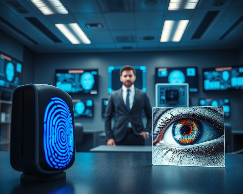 A high-tech biometric security scene showcasing various biometric methods. In the foreground, a fingerprint scanner glows with a soft blue light, emphasizing its intricate details. Beside it, a facial recognition display features a diverse, professional individual standing in business attire, their face clearly captured by advanced technology. The middle ground highlights an iris scanner, with a close-up of the eye being scanned, showcasing high resolution and vibrant colors. The background consists of a sleek, modern security office filled with digital readouts and surveillance screens displaying biometric data in a subtle gradient of blue and grey tones. The lighting is bright yet soft, creating a futuristic atmosphere that conveys trust and innovation in security technology.