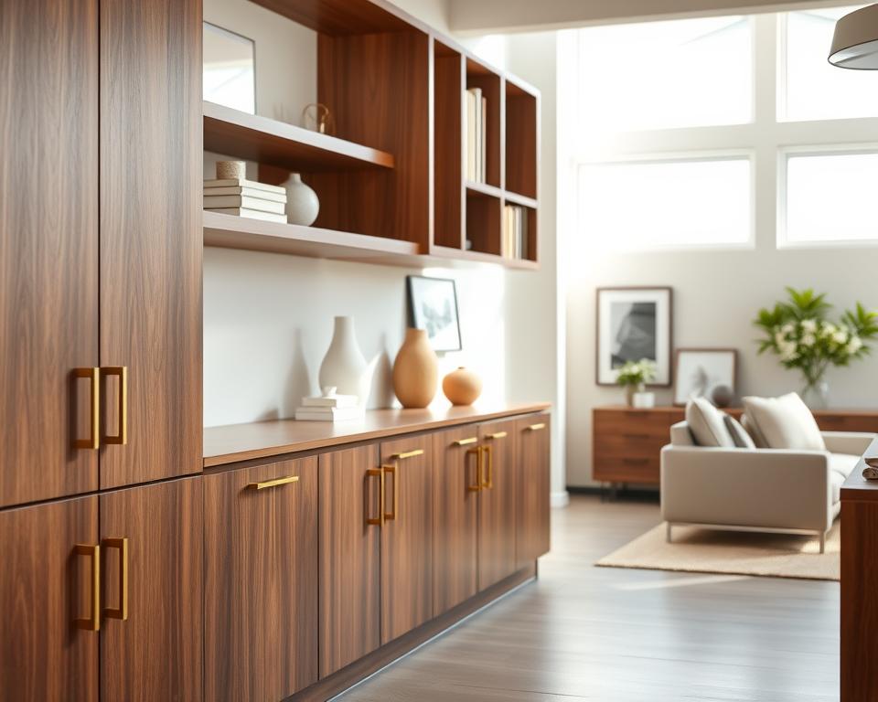A modern and stylish cabinetry system showcased in a bright, contemporary living space. In the foreground, sleek, minimalist cabinets with smooth finishes in a rich walnut color, featuring gold hardware accents and soft-close mechanisms. The middle ground displays open shelving filled with tasteful decor items like vases and books, creating an inviting ambiance. The background reveals a neutral-toned wall adorned with framed artwork and a touch of greenery, adding life to the scene. Bright, natural light floods the space through large windows, highlighting the cabinetry's textures and creating a warm atmosphere. The camera angle captures the cabinetry at a slight angle, emphasizing depth and functionality while maintaining an elegant, organized aesthetic. The overall mood is sophisticated yet approachable, ideal for modern home design enthusiasts. A modern and stylish cabinetry system showcased in a bright, contemporary living space. In the foreground, sleek, minimalist cabinets with smooth finishes in a rich walnut color, featuring gold hardware accents and soft-close mechanisms. The middle ground displays open shelving filled with tasteful decor items like vases and books, creating an inviting ambiance. The background reveals a neutral-toned wall adorned with framed artwork and a touch of greenery, adding life to the scene. Bright, natural light floods the space through large windows, highlighting the cabinetry's textures and creating a warm atmosphere. The camera angle captures the cabinetry at a slight angle, emphasizing depth and functionality while maintaining an elegant, organized aesthetic. The overall mood is sophisticated yet approachable, ideal for modern home design enthusiasts.
