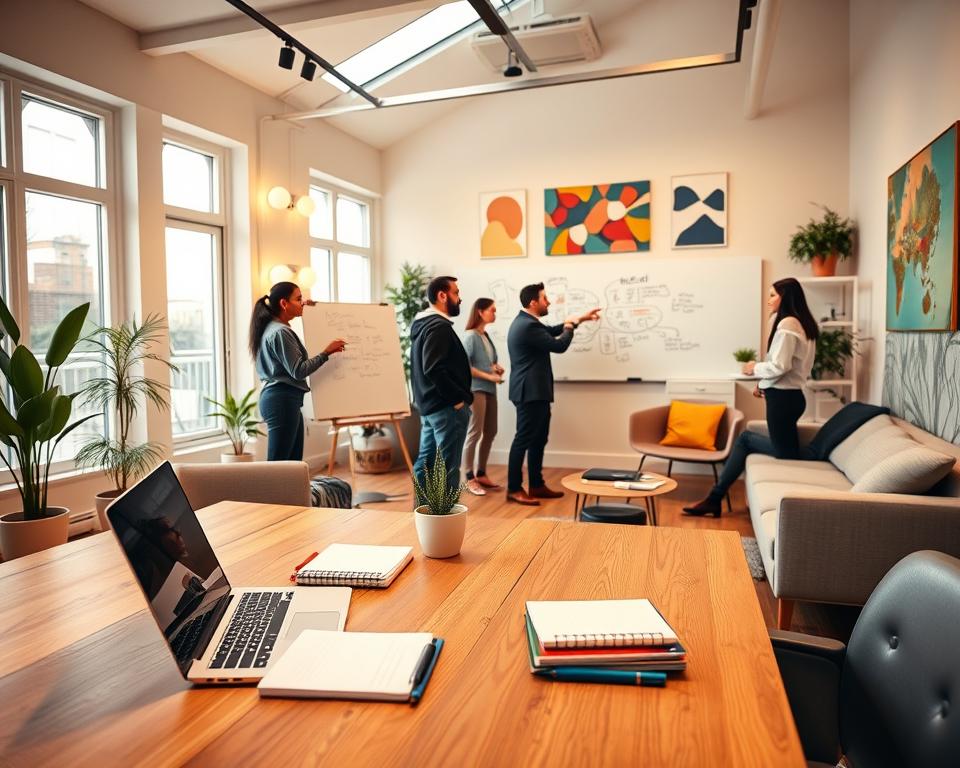 A modern co-working space that maximizes productivity in a shared home office. In the foreground, a sleek wooden desk with a laptop open and a potted plant, surrounded by notepads and stationery. In the middle, a diverse group of professionals in business casual attire collaborate over a brainstorming session, with one person pointing at a whiteboard filled with ideas. The background features large windows allowing natural light to illuminate the space, with modern furniture and vibrant artwork on the walls creating an inspiring atmosphere. The lighting is bright and warm, enhancing the cozy yet dynamic mood. A wide-angle view captures the essence of teamwork and creativity in a well-organized, inviting environment. A modern co-working space that maximizes productivity in a shared home office. In the foreground, a sleek wooden desk with a laptop open and a potted plant, surrounded by notepads and stationery. In the middle, a diverse group of professionals in business casual attire collaborate over a brainstorming session, with one person pointing at a whiteboard filled with ideas. The background features large windows allowing natural light to illuminate the space, with modern furniture and vibrant artwork on the walls creating an inspiring atmosphere. The lighting is bright and warm, enhancing the cozy yet dynamic mood. A wide-angle view captures the essence of teamwork and creativity in a well-organized, inviting environment.