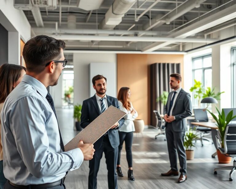 A modern commercial office space featuring soundproofing solutions. In the foreground, a professional consultant in business attire is discussing soundproofing options with a diverse group of office workers. The consultant holds a sample acoustic panel, demonstrating its texture. In the middle ground, wall sections are showcased with various soundproofing materials like foam panels and heavy curtains. The background reveals a sleek office layout, complete with ergonomic furniture and potted plants, enhancing the atmosphere. Soft, natural lighting streams in from large windows, creating a calm and focused environment. The overall mood conveys professionalism and expertise in office sound management.