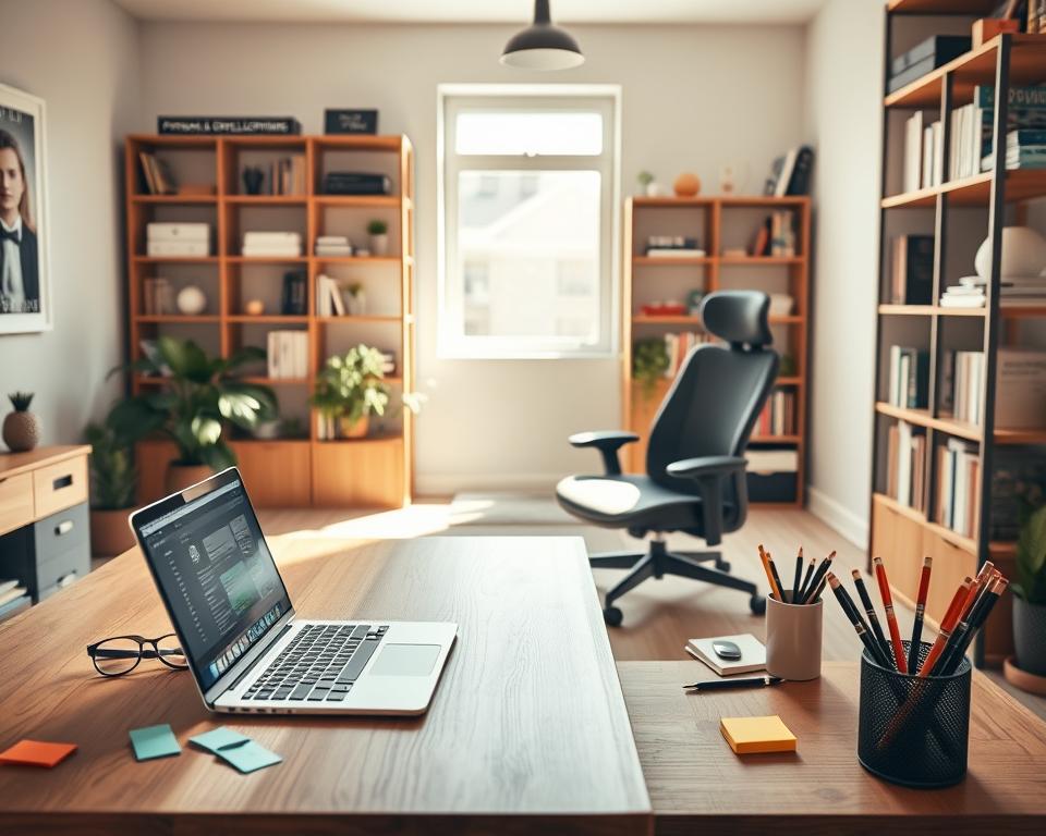 A modern, cozy home office setting designed for effective browsing and productivity. In the foreground, a sleek wooden desk houses a laptop, an organized array of browser tabs visible on the screen, and a stylish potted plant. Scattered around are color-coded sticky notes and a cup filled with pens. The middle ground features a comfortable ergonomic chair and shelves lined with books about personal development and digital organization. Natural light streams in through a large window, creating warm highlights and gentle shadows, enhancing the atmosphere of focus and clarity. In the background, a soft, muted color palette creates a serene ambiance, contributing to a mood of calm concentration. The scene evokes a sense of purposeful productivity without distractions.