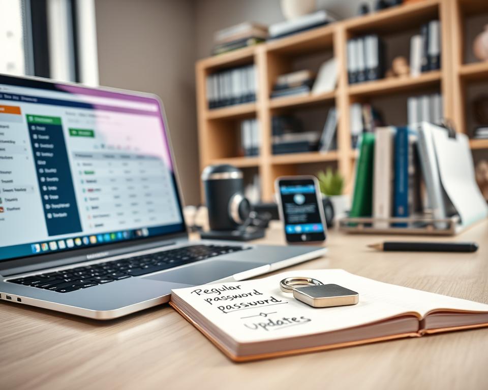A modern office desk scene designed to represent effective password management. In the foreground, a sleek laptop displaying a password management application with a colorful dashboard. Beside it, a notepad with neatly handwritten notes about regular password updates, and a closed padlock symbol for security. In the middle, an organized array of tech gadgets, including a smartphone showing a notifications screen, suggesting timely password reminders. The background features soft-focus bookshelves with cybersecurity books and a window with natural light pouring in, creating a warm atmosphere. The lighting is bright yet soft, emphasizing clarity and professionalism, capturing a sense of diligence and security in managing digital information.