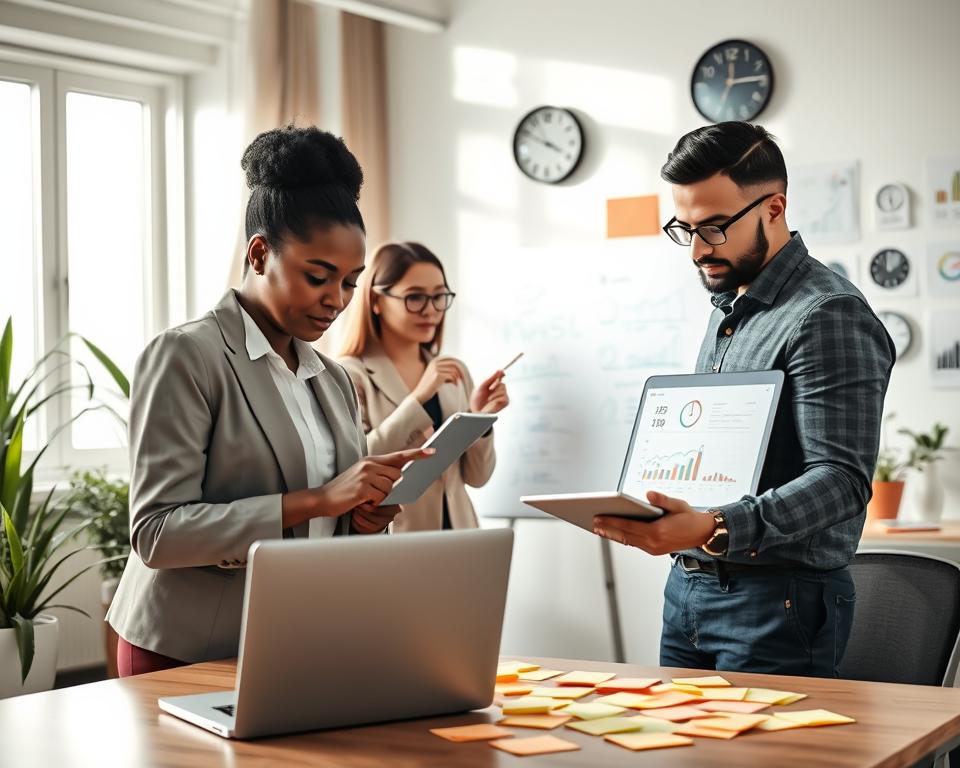 A modern office environment depicting a diverse team of four professionals engaged in collaborative time tracking. In the foreground, a Black woman in business attire analyzes time management software on her laptop, while a South Asian man in smart casual clothing discusses productivity metrics displayed on a tablet. The middle ground features a Caucasian woman with glasses brainstorming ideas on a whiteboard, and a Hispanic man making notes on sticky notes scattered on a desk. Soft, natural lighting streams through large windows, creating a bright and inviting atmosphere. The background shows an organized workspace with plants, clocks, and charts illustrating time management concepts. The mood is focused yet optimistic, emphasizing teamwork and productivity.