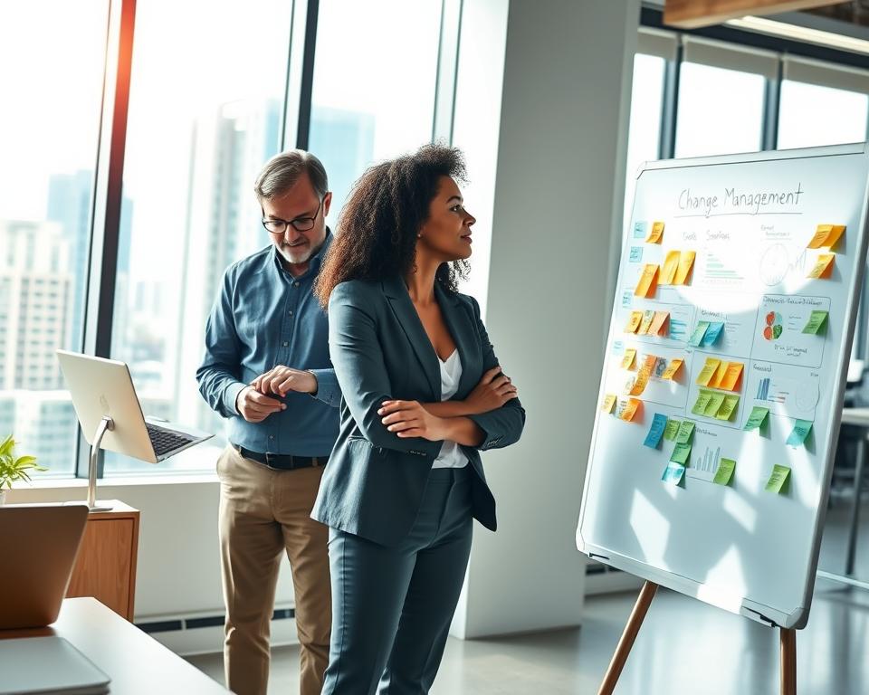 A modern office environment depicts a diverse team of three professionals collaborating on a change management strategy. In the foreground, a young woman in professional attire stands at a whiteboard filled with colorful charts and sticky notes, illustrating key concepts. To her left, a middle-aged man analyzes data on a laptop, focused but approachable. In the background, a large window reveals a bright, bustling cityscape, symbolizing the dynamic nature of the business world. Natural light streams in, creating an optimistic and productive atmosphere. The color palette is warm with blues and greens, enhancing the feeling of collaboration and innovation. The image captures a moment of teamwork and strategic planning, emphasizing the importance of adapting to change in project management.
