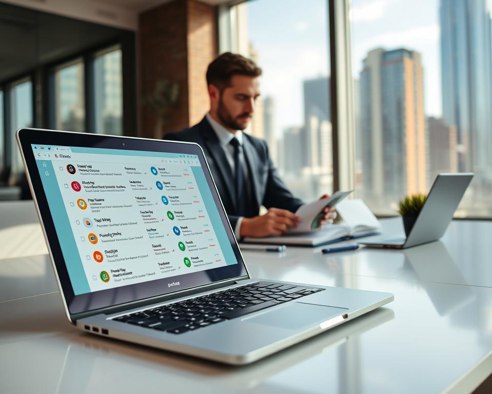 A modern office environment with a clean and organized desk as the foreground, featuring an open laptop displaying an overflowing email inbox. On the laptop screen, colorful icons of emails are categorized into different priority levels: high, medium, and low. In the middle ground, a professional in business attire, focused and contemplative, is using a notebook to jot down notes and prioritize tasks. The background includes light-filled windows with a view of a bustling cityscape, symbolizing productivity. Soft, natural lighting illuminates the scene, creating an atmosphere of calm and efficiency, encouraging a sense of control over email management and prioritization. Use a wide-angle lens to capture the depth of the workspace.