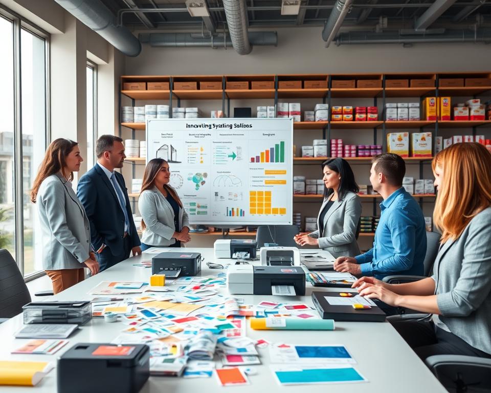A modern office environment with a professional business setting featuring diverse individuals in business attire engaged in a discussion about labeling systems. In the foreground, a sleek conference table is scattered with colorful label samples, printers, and organizational tools. The middle ground showcases a large display board with various labeling system diagrams and charts, reflecting innovative labeling solutions. In the background, shelves filled with labeled products and materials create a sense of order. Soft, natural lighting filters through large windows, casting gentle shadows and enhancing the vibrant colors of the labels. The atmosphere is focused and collaborative, highlighting an engaging discussion on how to choose the right labeling system.