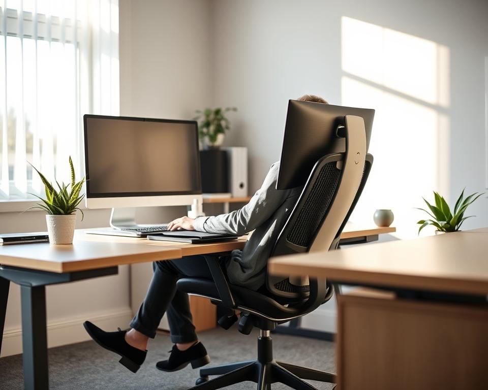 A modern office scene featuring a person sitting at a desk in the best posture for desk work. The individual, dressed in professional business attire, sits upright in an ergonomic chair, with feet flat on the ground and forearms parallel to the desk. The desk is clutter-free, holding a computer monitor at eye level and a keyboard that supports good wrist alignment. A soft, natural light filters in from a window, casting gentle shadows and creating a warm and inviting atmosphere. In the background, decorative plants and a small bookshelf enhance the supportive environment of this workspace. The scene is framed from a slight angle to capture both the person and the desk settings harmoniously, evoking a sense of comfort and professionalism.
