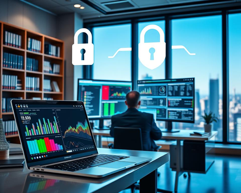 A modern office setting focused on cybersecurity measures. In the foreground, a sleek desk features a high-tech laptop displaying security software with colorful graphs and alerts. A digital lock icon illuminates beside it. In the middle ground, a professional in business attire is seated, attentively analyzing data on a dual-monitor setup showcasing encrypted backup systems. A digital padlock and shield graphic hover above the screens, symbolizing data protection. In the background, shelves filled with cybersecurity books and a large window reveal a city skyline with a soft blue sky. The lighting is bright and focused, creating an atmosphere of vigilance and professionalism, emphasizing trust and reliability in digital security practices.
