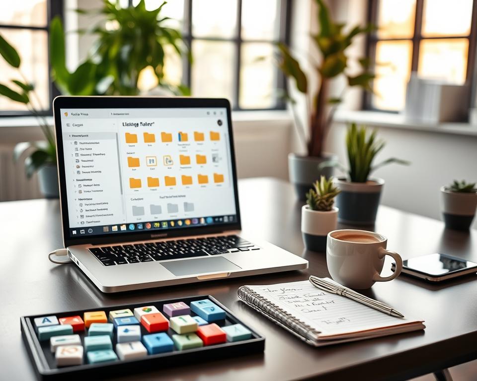 A modern office workspace featuring a sleek desk with a laptop open to a file management software interface, displaying colorful folders and efficient file naming suggestions. In the foreground, a neatly organized assortment of digital file icons and a notepad with notes about file optimization are visible. The middle ground showcases potted plants and a cup of coffee resting on the desk, adding warmth to the scene. The background features a large window with soft natural light filtering through, illuminating the space and creating a productive atmosphere. The scene is captured from a slightly elevated angle, enhancing depth, while maintaining a clean and professional look, symbolizing efficiency in file organization.
