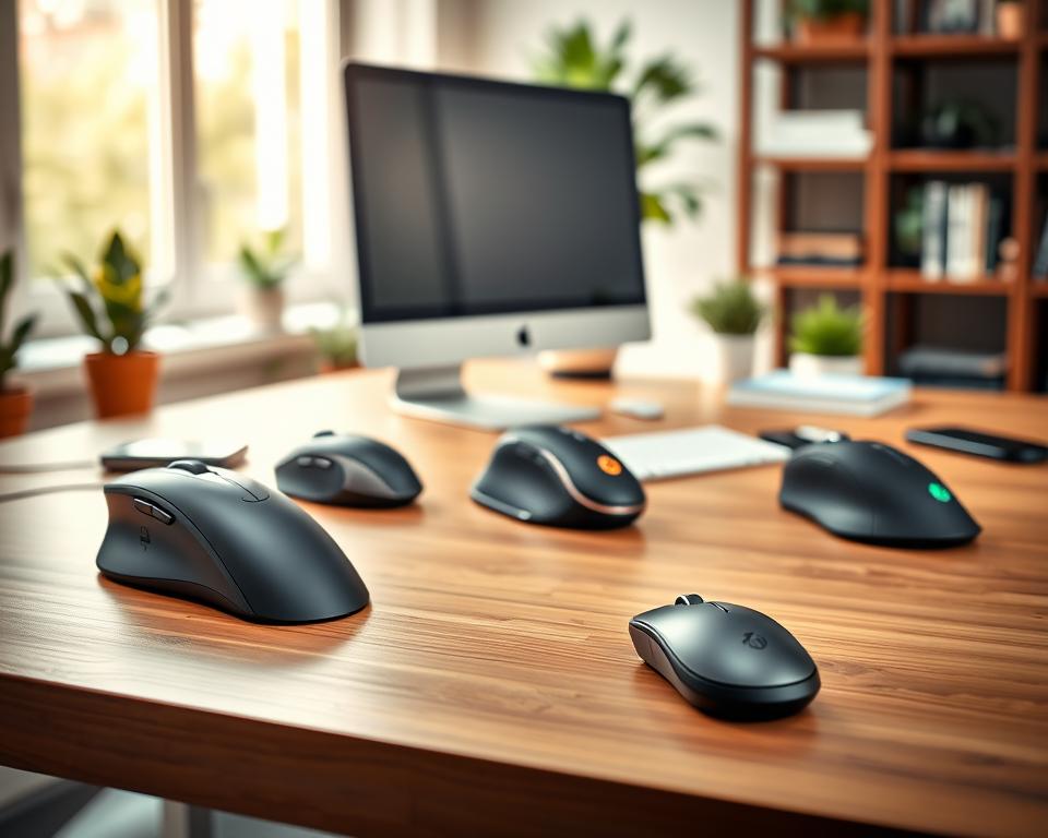 A modern office workspace featuring an array of top ergonomic mice displayed prominently on a sleek wooden desk. In the foreground, showcase three distinct ergonomic mice with various designs, emphasizing their unique shapes and textures. The middle layer displays a well-organized workspace, including a high-quality computer monitor, a minimalist keyboard, and a notepad, all bathed in soft, natural light filtering through a nearby window. In the background, softly blurred elements like potted plants and bookshelves create a soothing atmosphere. Use a shallow depth of field to focus on the mice while giving a slight hint of the overall workspace. The mood should be professional and inviting, reflecting creativity and productivity, suitable for a modern workplace.