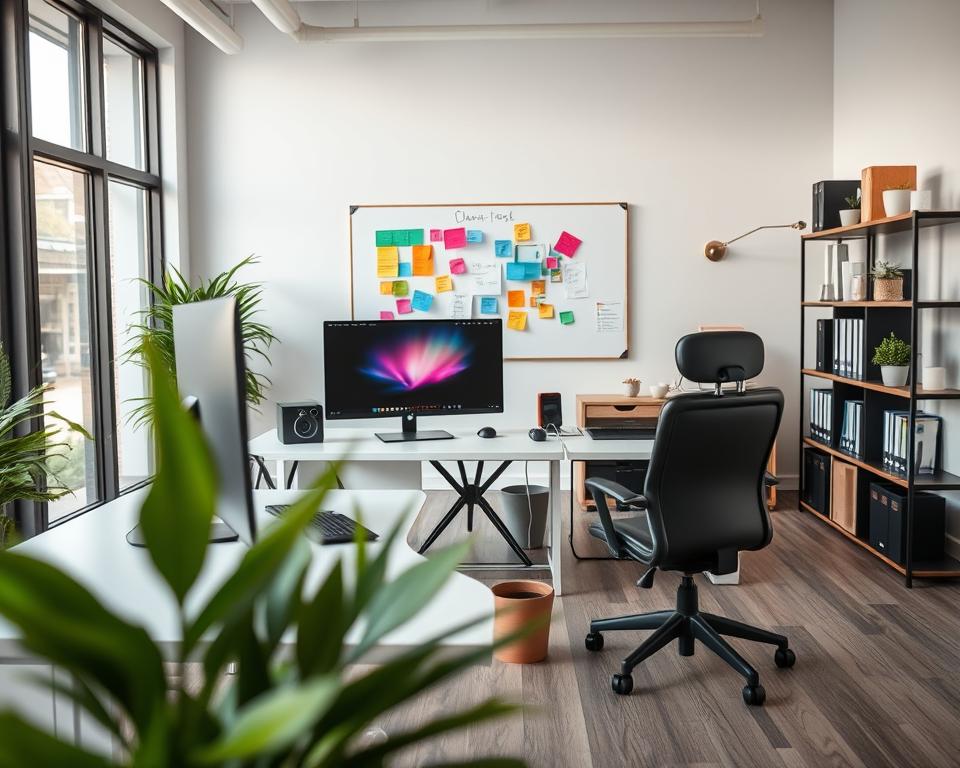 A modern office workspace optimized for productivity, featuring a large, clean desk with a high-end computer setup, ergonomic chair, and organized file storage. In the foreground, a potted plant adds a touch of nature. In the middle, a wall-mounted whiteboard displays colorful notes and plans, while a stylish bookshelf holds neatly arranged books and decor items. The background reveals large windows with natural light pouring in, creating a bright and inviting atmosphere. The scene is captured from a slightly elevated angle to provide depth, with soft, even lighting that emphasizes the workspace's neatness. The mood is professional, inspiring a sense of focus and creativity, ideal for enhancing productivity. A modern office workspace optimized for productivity, featuring a large, clean desk with a high-end computer setup, ergonomic chair, and organized file storage. In the foreground, a potted plant adds a touch of nature. In the middle, a wall-mounted whiteboard displays colorful notes and plans, while a stylish bookshelf holds neatly arranged books and decor items. The background reveals large windows with natural light pouring in, creating a bright and inviting atmosphere. The scene is captured from a slightly elevated angle to provide depth, with soft, even lighting that emphasizes the workspace's neatness. The mood is professional, inspiring a sense of focus and creativity, ideal for enhancing productivity.