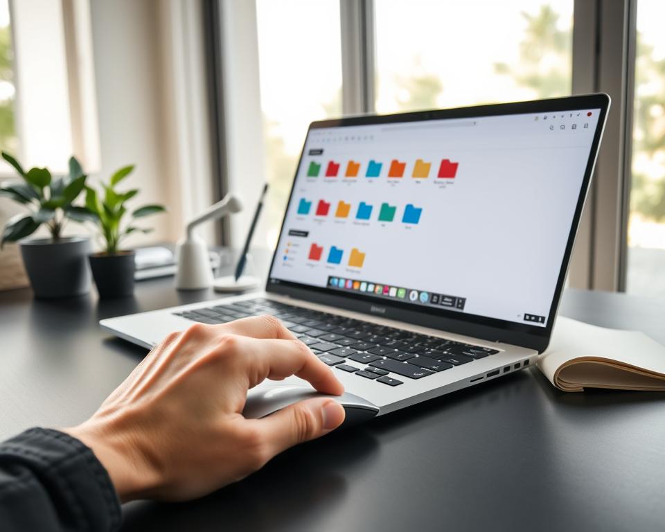 A modern, organized desktop workspace featuring a sleek laptop with a well-structured digital folder interface displayed on the screen. In the foreground, a hand is seen using a wireless mouse to arrange colorful digital icons for efficient file management. The middle layer includes a tidy desk with minimalistic stationery, a potted plant for a pop of color, and a notebook open beside the laptop. In the background, soft natural light streams through a large window, creating a calm and productive atmosphere. The overall mood is one of clarity and order, emphasizing regular maintenance and optimal organization. The image should have a clean and professional aesthetic, with a focus on ergonomics and productivity. A modern, organized desktop workspace featuring a sleek laptop with a well-structured digital folder interface displayed on the screen. In the foreground, a hand is seen using a wireless mouse to arrange colorful digital icons for efficient file management. The middle layer includes a tidy desk with minimalistic stationery, a potted plant for a pop of color, and a notebook open beside the laptop. In the background, soft natural light streams through a large window, creating a calm and productive atmosphere. The overall mood is one of clarity and order, emphasizing regular maintenance and optimal organization. The image should have a clean and professional aesthetic, with a focus on ergonomics and productivity.