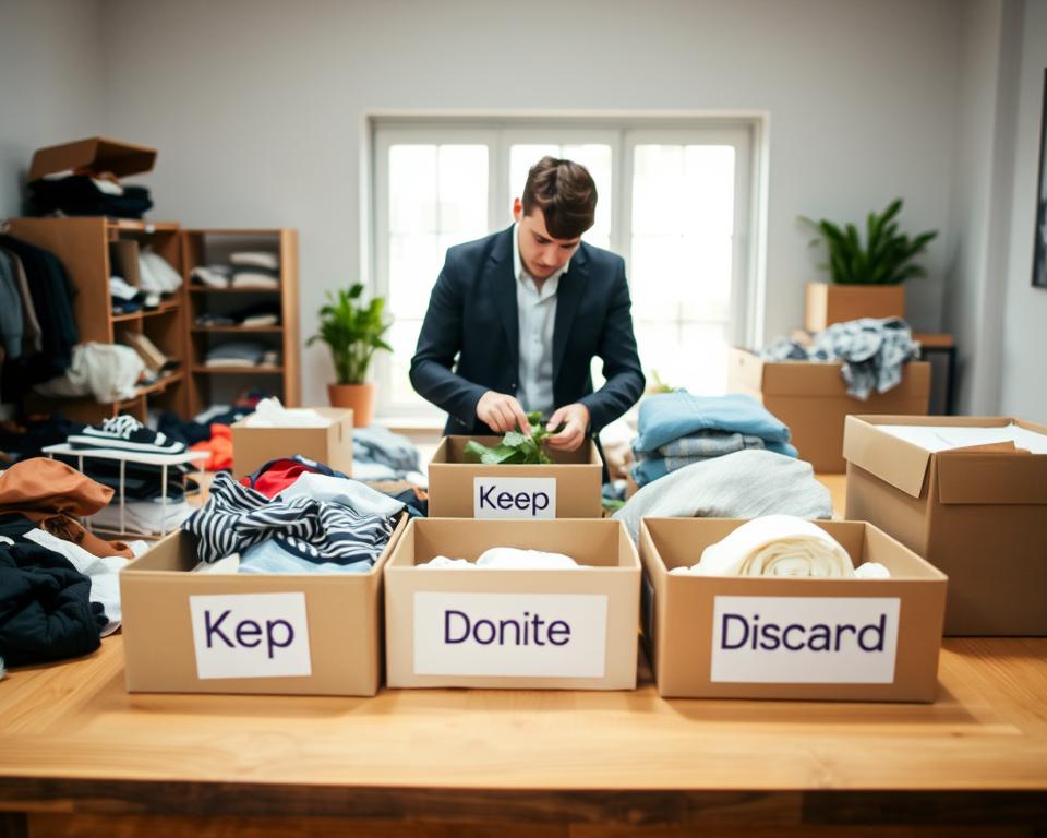A modern, organized workspace featuring a large wooden table cluttered with various belongings being sorted into labeled boxes. In the foreground, a focused individual, dressed in smart casual attire, thoughtfully sorting items, with a potted plant nearby for a touch of greenery. The middle ground showcases a clear visual separation of 'keep,' 'donate,' and 'discard' sections, each represented by neatly arranged boxes. The background features a bright, minimalistic room with natural light streaming through a large window, creating a warm and inviting atmosphere. Use a soft focus lens effect to enhance the cozy feeling of the space. The overall mood is productive and calming, promoting efficient decluttering and organization.