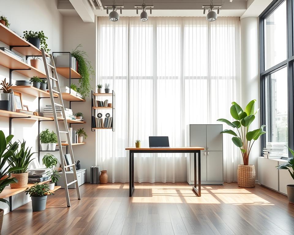 A modern, stylish office interior designed to maximize vertical space. In the foreground, a sleek ladder system is leaning against an organized wall filled with plants, books, and decorative items, utilizing wall-mounted shelves efficiently. The middle ground features a standing desk positioned beneath a tall window, showcasing vertical storage cabinets. The backdrop is filled with large windows allowing natural light to flood the room, with minimalist curtains that let soft beams of light illuminate the space. The atmosphere is bright and airy, promoting productivity and creativity. Use a wide-angle lens to capture the full layout, emphasizing the height and openness of the design. Aim for a clean, professional aesthetic that conveys innovation in workspace design.