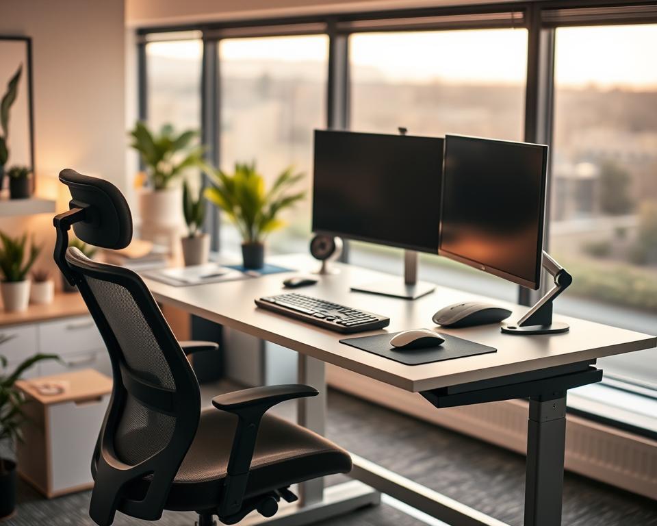 A modern workspace filled with ergonomic products designed for comfort and efficiency. In the foreground, showcase a stylish standing desk with an adjustable height feature, accompanied by an ergonomic office chair with lumbar support. In the middle, display a sleek keyboard and mouse set, along with a monitor stand that promotes better posture. There are desk accessories like a wrist rest and a desk mat, all organized neatly. In the background, gently illuminated by soft, warm lighting, is a large window with a view of a serene outdoor landscape, adding a touch of calmness to the atmosphere. The overall mood should be inviting and productive, capturing the essence of different work styles in a harmonious office environment. A modern workspace filled with ergonomic products designed for comfort and efficiency. In the foreground, showcase a stylish standing desk with an adjustable height feature, accompanied by an ergonomic office chair with lumbar support. In the middle, display a sleek keyboard and mouse set, along with a monitor stand that promotes better posture. There are desk accessories like a wrist rest and a desk mat, all organized neatly. In the background, gently illuminated by soft, warm lighting, is a large window with a view of a serene outdoor landscape, adding a touch of calmness to the atmosphere. The overall mood should be inviting and productive, capturing the essence of different work styles in a harmonious office environment.