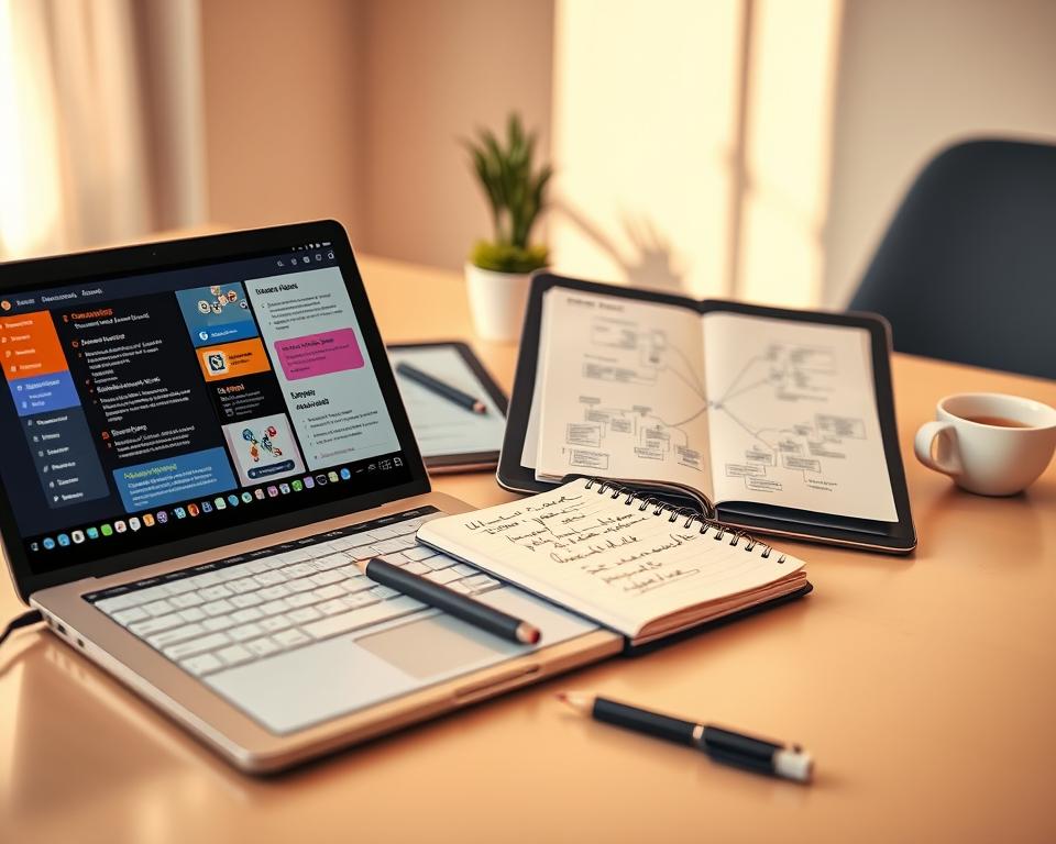 A modern workspace showcasing digital note-taking integration with various productivity tools. In the foreground, a sleek laptop displays a colorful note-taking app filled with organized bullet points and diagrams. Beside it, a tablet shows a mind map interface, enhancing the concept of interconnected notes. In the middle, a stylish notebook with handwritten notes and sketches complements the digital setup, emphasizing the blend of traditional and modern methods. The background features a clean desk with personal touches like a small plant and a cup of coffee, under warm, natural lighting to create a cozy yet professional atmosphere. The scene captures a moment of inspiration, reflecting efficiency and the synergy of note-taking with technology.
