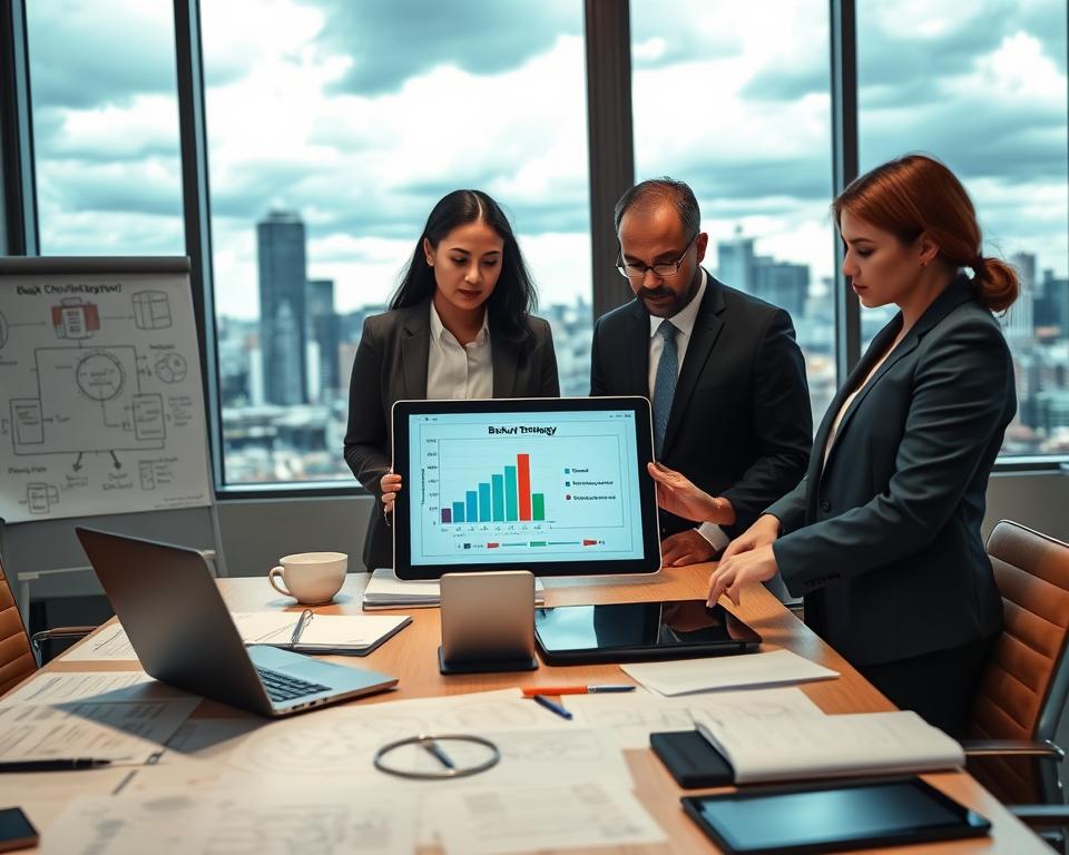 A professional office setting during a crisis management meeting focused on disaster recovery planning. In the foreground, a diverse group of three business professionals in smart attire, one reviewing a digital tablet displaying a backup strategy graph. The middle ground features a large conference table cluttered with papers, laptops, and a whiteboard filled with diagrams and flowcharts illustrating recovery processes. The background shows a large window with a view of a city skyline under dramatic cloudy skies, hinting at the urgency of the discussion. Soft, focused lighting enhances the seriousness of the atmosphere, creating depth and emphasizing the importance of effective backup strategies. The image conveys a mood of determination and collaborative problem-solving.