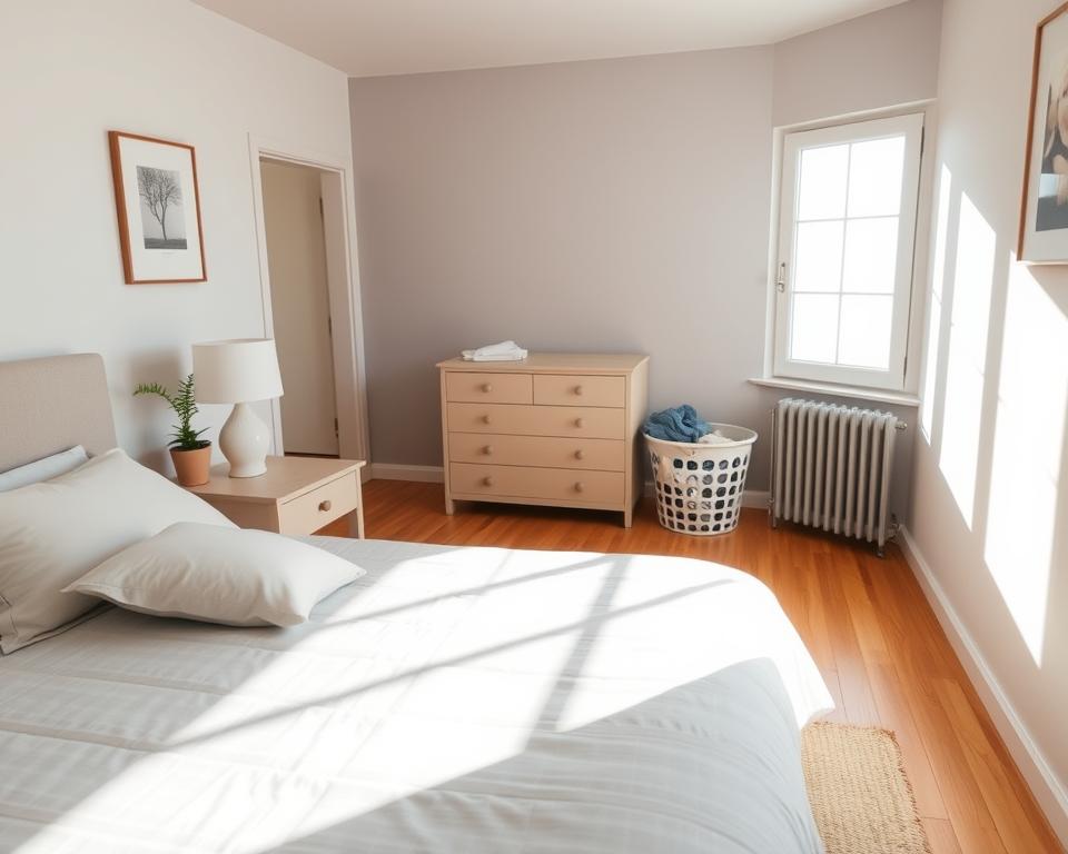A serene bedroom scene focused on decluttering, showcasing a well-organized space. In the foreground, a neatly made bed with light, neutral-colored linens sits next to a stylish bedside table holding a lamp and a small potted plant. The middle of the room features a minimalist dresser, devoid of unnecessary items, and a laundry basket with neatly folded clothes. In the background, a large window allows soft, natural light to filter in, casting gentle shadows across the hardwood floor. The walls are painted in calming colors, adorned with minimal artwork. The atmosphere is peaceful and refreshing, conveying a sense of order and tranquility. The angle is slightly elevated, capturing the overall cleanliness and openness of the space, emphasizing the joy and relief of a decluttered bedroom.