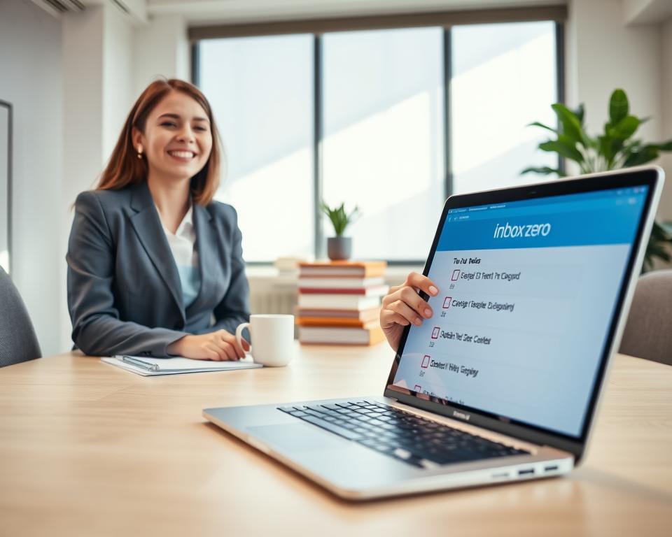 A serene office environment with a large, organized desk showcasing an open laptop displaying a clean inbox. In the foreground, a well-dressed professional, a young woman, is joyfully checking off tasks on a digital to-do list. Her expression reflects satisfaction and focus. In the middle ground, there are neatly stacked folders and a plant, symbolizing productivity and growth, while a coffee mug adds a touch of warmth. The background features a large window with natural light streaming in, illuminating the workspace and casting gentle shadows. The atmosphere is calm and motivating, emphasizing the success of achieving "inbox zero". The angle is slightly elevated, capturing the professionalism of the workspace and the clarity of purpose in the scene.