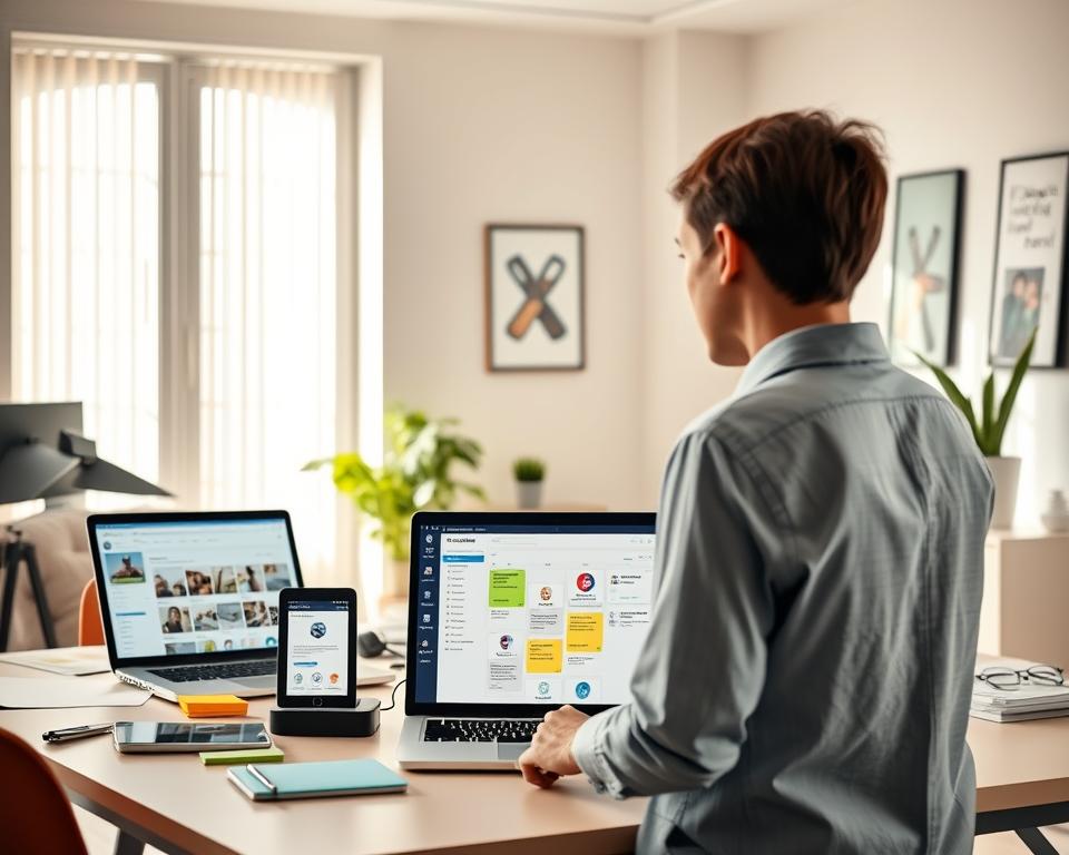 A serene workspace scene depicting social media management in action. In the foreground, a focused professional in smart casual attire, surrounded by multiple sleek digital devices showcasing social media platforms. The middle of the image features a well-organized desk, adorned with colorful sticky notes and a laptop displaying a simplified interface with analytics and planning tools. In the background, soft natural light filters through a large window, illuminating a minimalistic office with potted plants and inspirational artwork. The overall mood is calm and productive, emphasizing the concept of digital decluttering and the streamlining of social media presence, inviting viewers to envision a more organized online space.