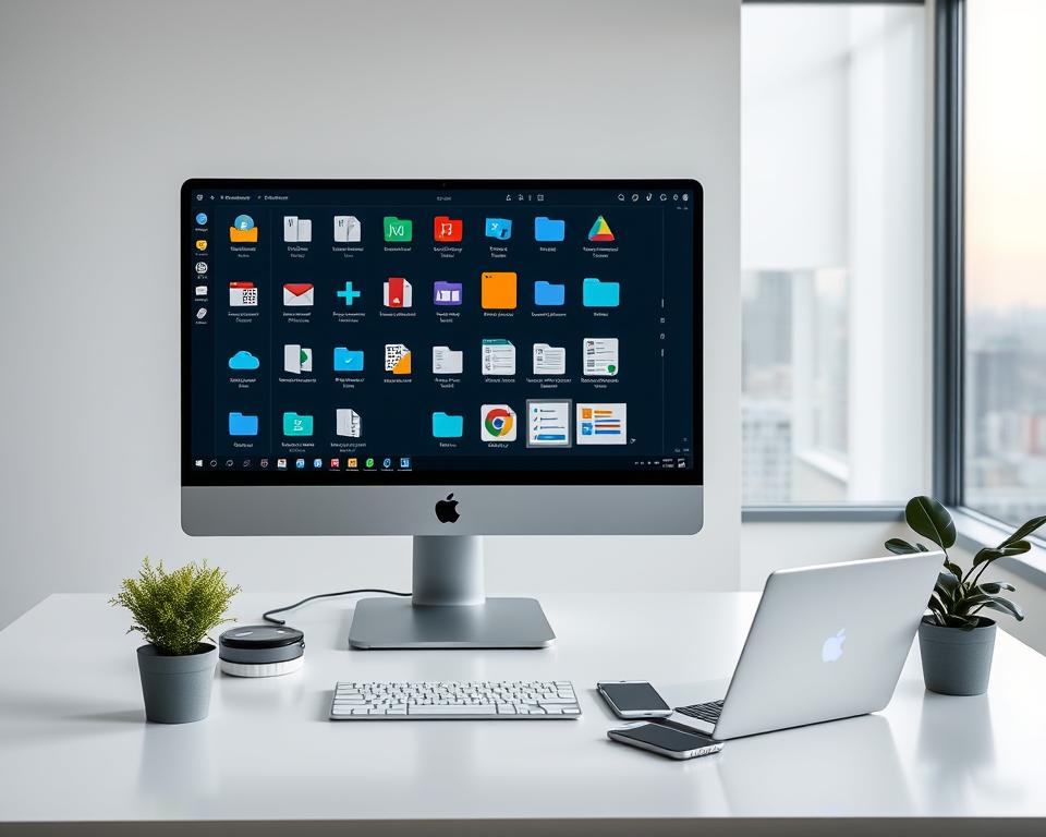 A sleek and modern digital workspace depicting the concept of "digital organization." In the foreground, an elegantly arranged desktop with a large computer monitor displaying neatly organized folders and files with different color-coded labels. Various digital tools, such as cloud storage icons and task management applications, are shown in harmony. The middle ground consists of a minimalistic desk with a laptop, a smartphone, and a potted plant, reflecting a clean and serene environment. In the background, soft ambient lighting illuminates the room, creating a calm and focused atmosphere. A large window shows a glimpse of a cityscape, contributing to a sense of productivity. The overall mood is tranquil, orderly, and inspiring, perfect for illustrating digital decluttering and file organization.