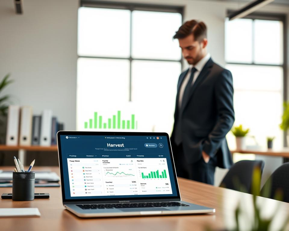 A sleek and modern workspace featuring a digital time tracking app interface titled "Harvest" displayed on a high-resolution laptop screen in the foreground. A professional individual, dressed in smart business attire, interacts with the app, showcasing features like project timelines, task lists, and analytics graphs. The middle layer includes a subtle blurred background of neatly organized office supplies and a large window letting in soft, natural light that creates a warm and motivating atmosphere. Use a shallow depth of field to focus on the app interface while maintaining a clean, professional look. The overall mood is productive and efficient, emphasizing the role of technology in enhancing workflow. Ensure the color palette is bright and inviting, with an emphasis on green accents to reflect the concept of growth.