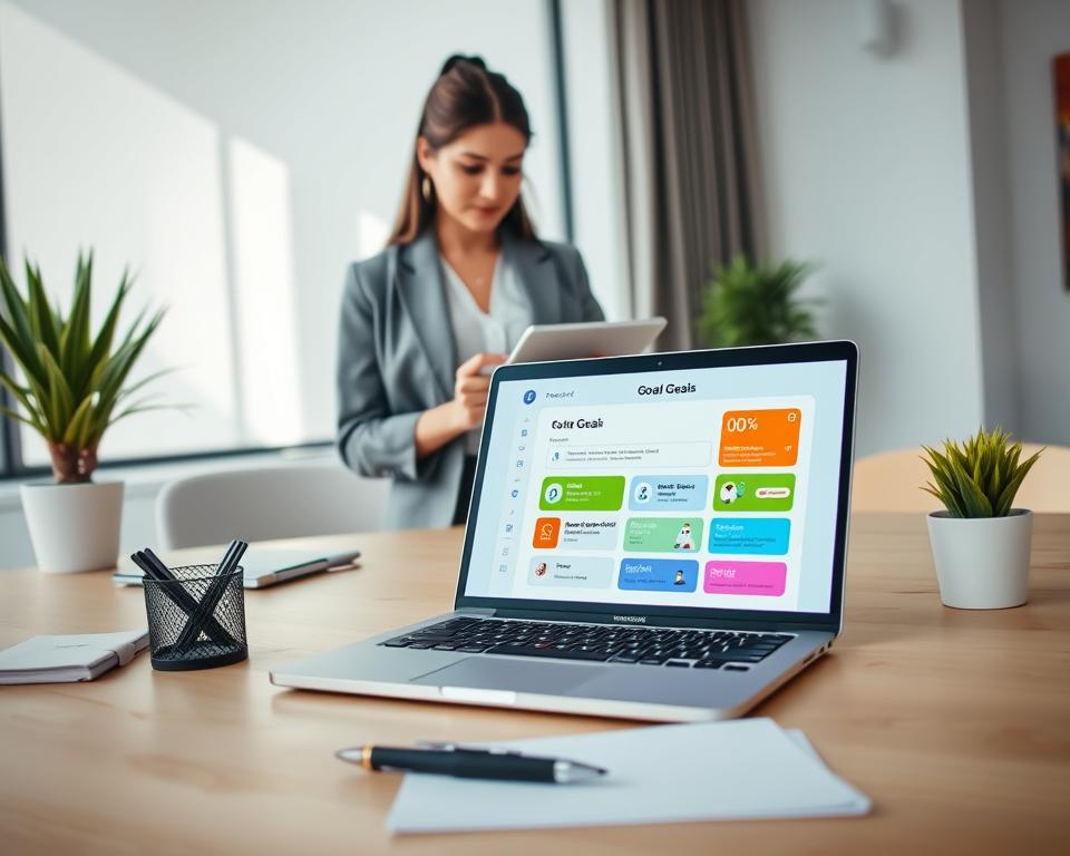 A sleek and modern workspace featuring a laptop displaying a vibrant, user-friendly goal setting app interface. In the foreground, a well-organized desk made of light wood, clutter-free except for a notepad, a stylish pen, and a potted plant. In the middle ground, a professional woman in modest business attire, focused on setting her goals, with a digital tablet in hand. The background showcases a large window letting in soft, natural light, illuminating the space and creating a serene atmosphere. The angle is slightly top-down, capturing both the woman’s engaged expression and the colorful, interactive app designs. The overall mood is inspiring and productive, emphasizing clarity and motivation in personal development.