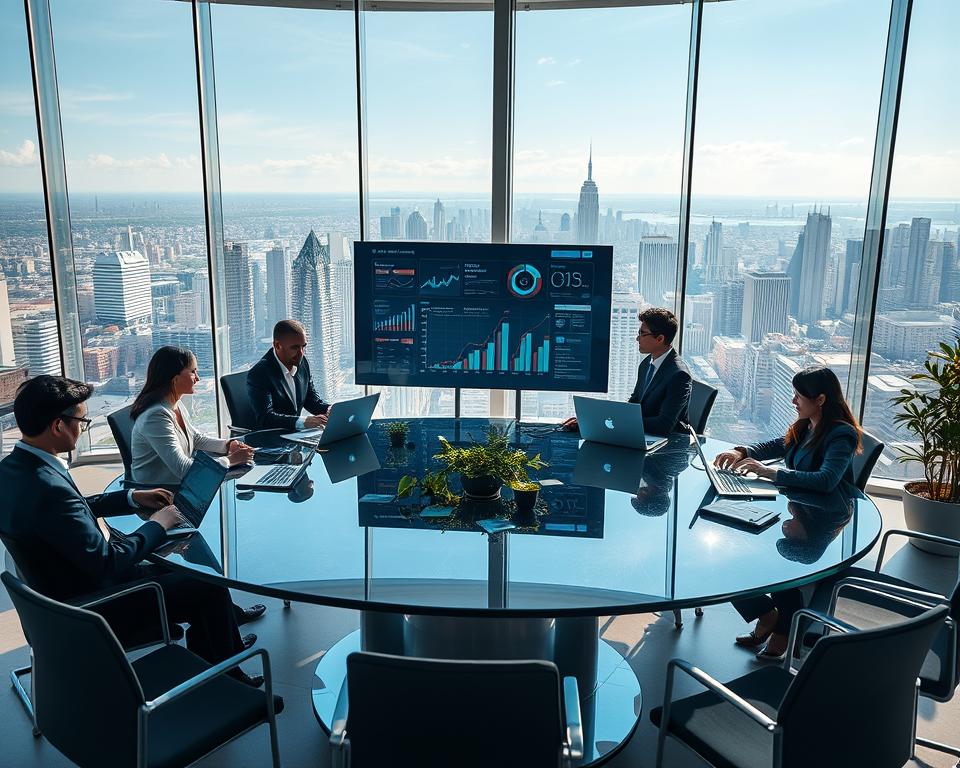 A sleek, modern cloud-based workspace, showcasing a futuristic office environment. In the foreground, a large, round glass table is surrounded by professionals in smart business attire, engaged in a collaborative discussion, with laptops and digital tablets in front of them. The middle layer features a large, interactive screen displaying real-time data and analytics, surrounded by plants for a touch of nature. The background is an expansive window offering a panoramic view of a bustling city skyline, with bright sunlight streaming through, creating a warm, inviting atmosphere. The scene is well-lit, emphasizing productivity and innovation. The angle captures both the humans and technology harmoniously, reflecting the essence of successful virtual workspaces with a feeling of collaboration and efficiency.