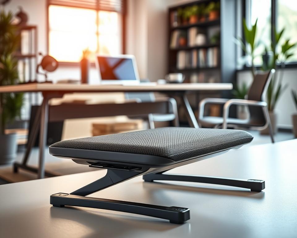 A sleek, modern office footrest designed for desk use, made of ergonomic materials with a cushioned top for comfort. The footrest is prominently displayed in the foreground, showing its textured surface and adjustable height feature. In the middle ground, a stylish office environment with a tidy desk setup, featuring a laptop and stationery. Soft, natural lighting filters through a nearby window, creating a warm and inviting atmosphere. The background includes a blurred view of an organized bookshelf and potted plants, enhancing the professional setting. The overall mood is one of productivity and comfort, emphasizing the footrest as an essential tool for enhancing office ergonomics.