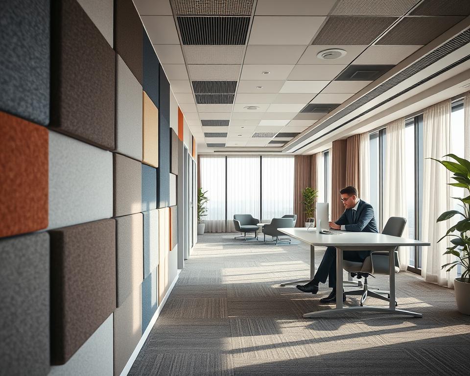 A sleek, modern office space showcasing various soundproofing techniques. In the foreground, clearly visible sound-absorbing wall panels with different textures and colors; some panels are square, while others are triangular, demonstrating design flexibility. In the middle, an open-plan workspace features stylish acoustic ceiling tiles and carpets designed to muffle sound. A professional individual in smart business attire is seated at a sleek desk, focusing intently on their work, emphasizing a quiet atmosphere. The background reveals large windows with soundproof curtains drawn partially open, letting in soft, natural light. The mood is calm and productive, suggesting a space designed for concentration and creativity. Use a warm color palette with soft shadows to enhance the inviting atmosphere.