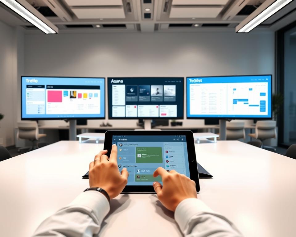 A sleek, modern workspace featuring a large table with multiple digital screens displaying various task management tools like Trello, Asana, and Todoist. In the foreground, a pair of hands are shown interacting with a tablet, highlighting a color-coded task list. In the middle, the screens provide visual comparisons of features such as calendars, progress trackers, and collaboration tools, rendered in an engaging, user-friendly layout. The background consists of a well-organized office with minimalistic decor, soft lighting casting a professional ambiance. The overall atmosphere conveys productivity and efficiency, inviting the viewer to explore the world of task management tools. The scene is viewed from a slight angle to create depth, enhancing the imagery of technology and organization.