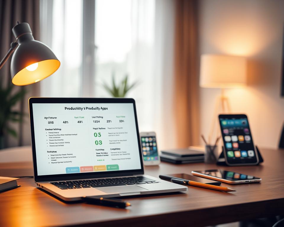 A sleek, modern workspace showcasing a high-tech comparison of different productivity apps. In the foreground, a laptop displays a side-by-side graphical comparison of app features and user ratings, illuminated by a warm desk lamp. Scattered on the desk are stylish stationery items like a notepad and a pen, conveying a sense of organization. In the middle, the blurred outlines of a smartphone and tablet display app icons and notifications, adding a dynamic touch. The background features a bright window with soft natural light streaming in, creating an inviting atmosphere. Overall, the image should evoke a sense of clarity and focus, appealing to professionals looking to enhance their productivity through technology.