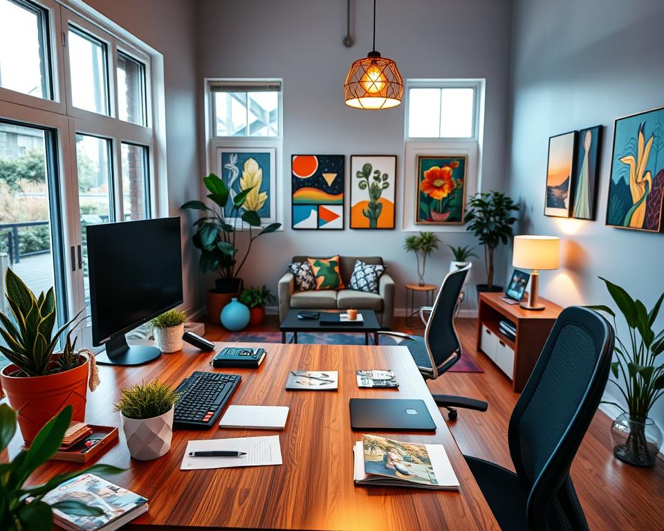 A stylish and inviting shared home office space, designed for efficiency and personalization. In the foreground, a sleek, modern wooden desk featuring dual monitors and colorful stationery, with plants on either side for a touch of greenery. In the middle ground, a cozy seating area with two ergonomic chairs, a small coffee table with magazines, and vibrant artwork on the walls that reflects individual personalities. The background showcases large windows allowing natural light to flood the room, with soft, warm pendant lighting adding to the ambiance. The overall mood is collaborative and comfortable, blending professionalism with personal flair. The image is well-lit, photographed from a slight angle to capture the depth and warmth of the workspace, emphasizing an atmosphere conducive to productivity and creativity. A stylish and inviting shared home office space, designed for efficiency and personalization. In the foreground, a sleek, modern wooden desk featuring dual monitors and colorful stationery, with plants on either side for a touch of greenery. In the middle ground, a cozy seating area with two ergonomic chairs, a small coffee table with magazines, and vibrant artwork on the walls that reflects individual personalities. The background showcases large windows allowing natural light to flood the room, with soft, warm pendant lighting adding to the ambiance. The overall mood is collaborative and comfortable, blending professionalism with personal flair. The image is well-lit, photographed from a slight angle to capture the depth and warmth of the workspace, emphasizing an atmosphere conducive to productivity and creativity.