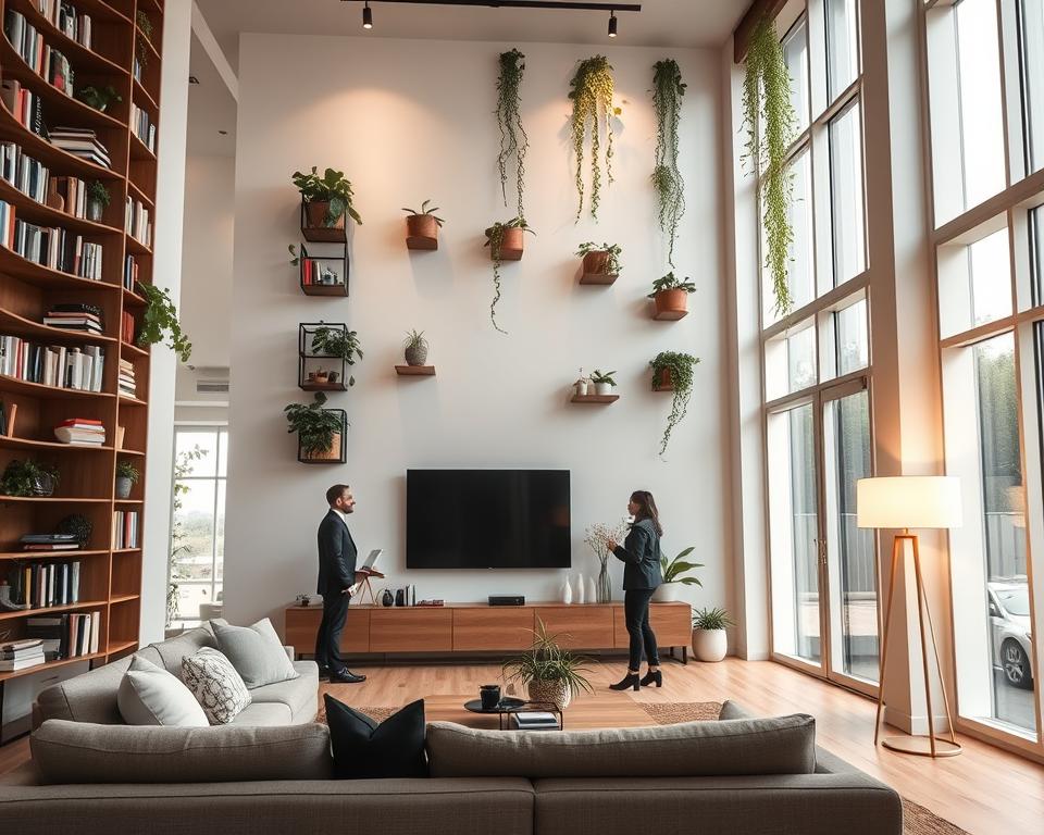 A stylish modern living room emphasizing vertical space utilization, showcasing tall bookshelves reaching the ceiling, vertical plants cascading from wall-mounted planters, and a sleek minimalist design. In the foreground, include a cozy sofa with decorative cushions. The middle ground features a coffee table and a bright floor lamp, while the background reveals large windows with natural light streaming in, accentuating the height of the room. Use a warm, inviting color palette with soft lighting for a tranquil atmosphere. The scene is captured from a slight angle to highlight the vertical elements. Ensure any human subjects are dressed in professional attire, engaged in arranging decor items or admiring the space.