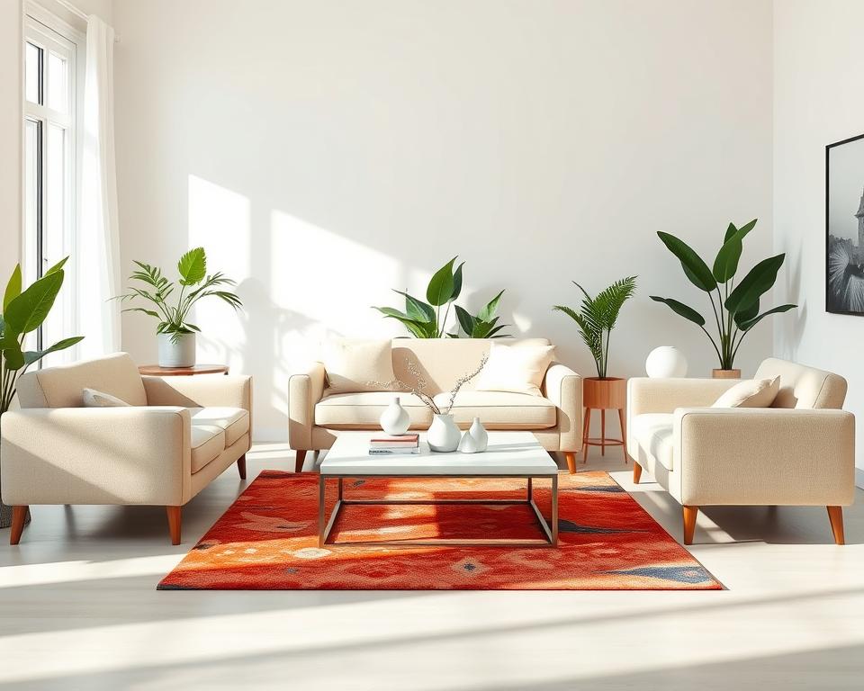 A stylish, modern living room interior design layout showcasing a light, airy atmosphere. In the foreground, a plush, light-colored sofa is arranged facing a sleek coffee table with decorative items. To the sides, a pair of accent chairs create a cozy conversation area. The middle ground features a vibrant area rug that adds warmth and texture. A large window in the background allows soft, natural light to fill the space, accentuating the clean lines of the furniture. Houseplants are strategically placed for a touch of greenery. The overall mood is inviting and elegant, perfect for showcasing options for furniture arrangement. Captured from a slightly elevated angle to highlight the layout and flow of the space.