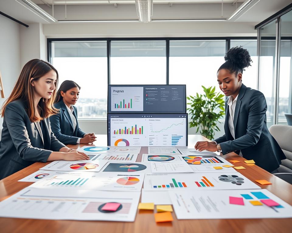A visually engaging representation of the project management process, featuring a modern office environment. In the foreground, a diverse team of professionals—including a Caucasian woman, an Asian man, and a Black woman—all dressed in smart business attire, collaboratively working around a large conference table covered with charts, project timelines, and sticky notes. In the middle, a digital dashboard displays colorful graphs and progress tracking. The background showcases a large window with sunlight filtering in, illuminating the room and creating a productive atmosphere. Incorporate realistic lighting that casts soft shadows, and employ a wide-angle lens to capture the dynamics of teamwork. The overall mood should be focused and energetic, symbolizing the essence of creating a comprehensive project plan.
